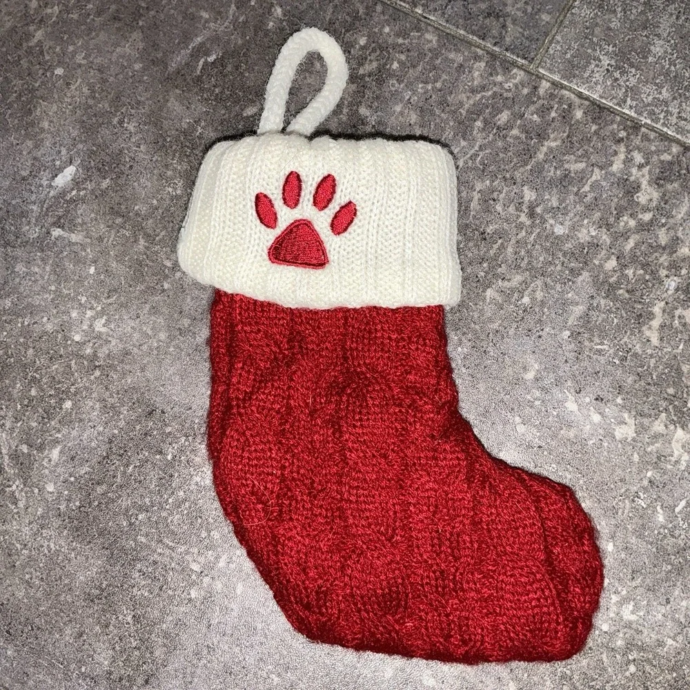 Paw Dog Cat Embroidered Stockings with White Cuff Knitting Mini Stocking Red